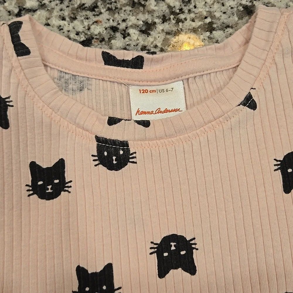 HANNA ANDERSSON PINK AND BLACK RIBBED CAT PRINT LONG SLEEVE DRESS. SIZE 6-7.